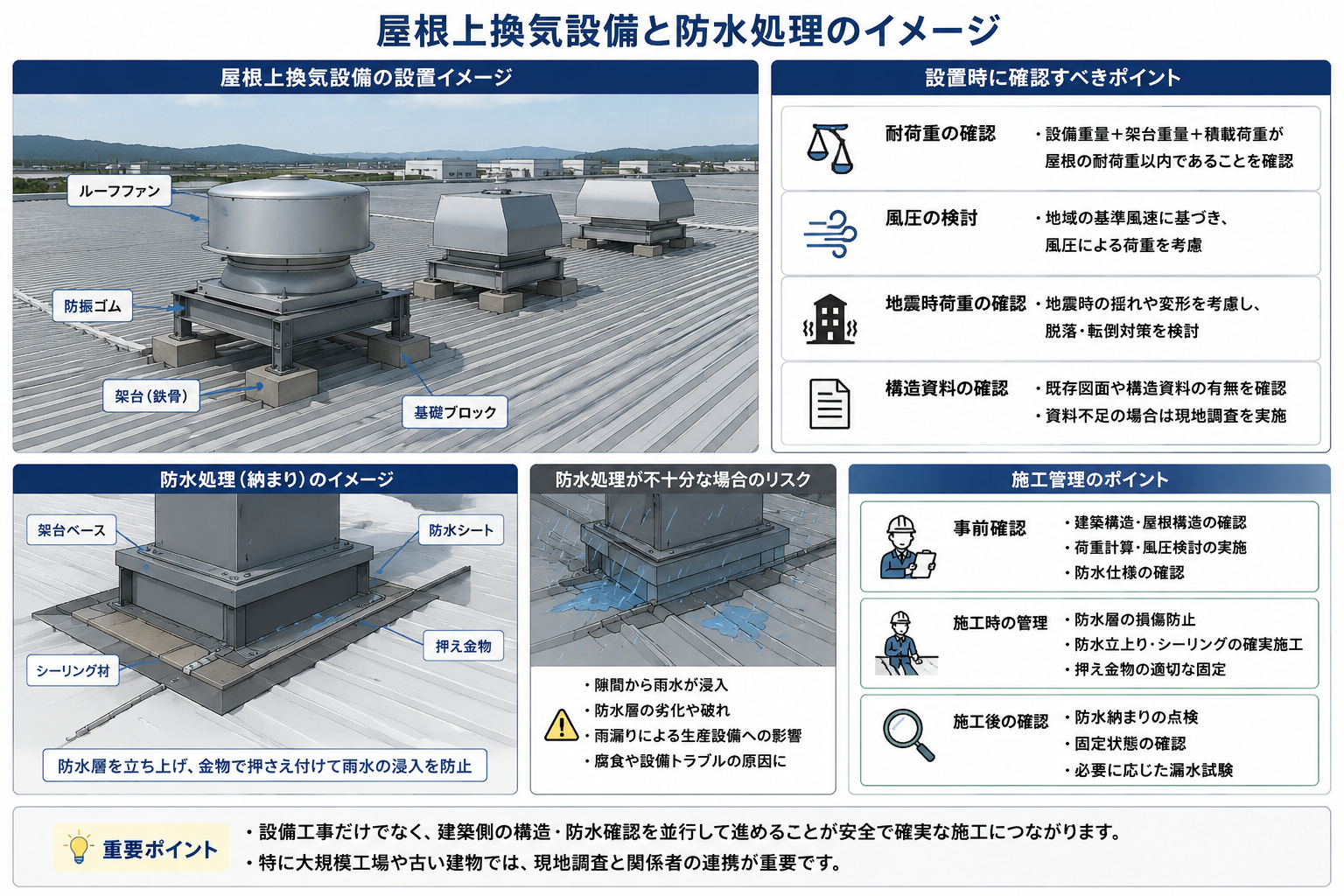 図：屋根上換気設備と防水処理のイメージ