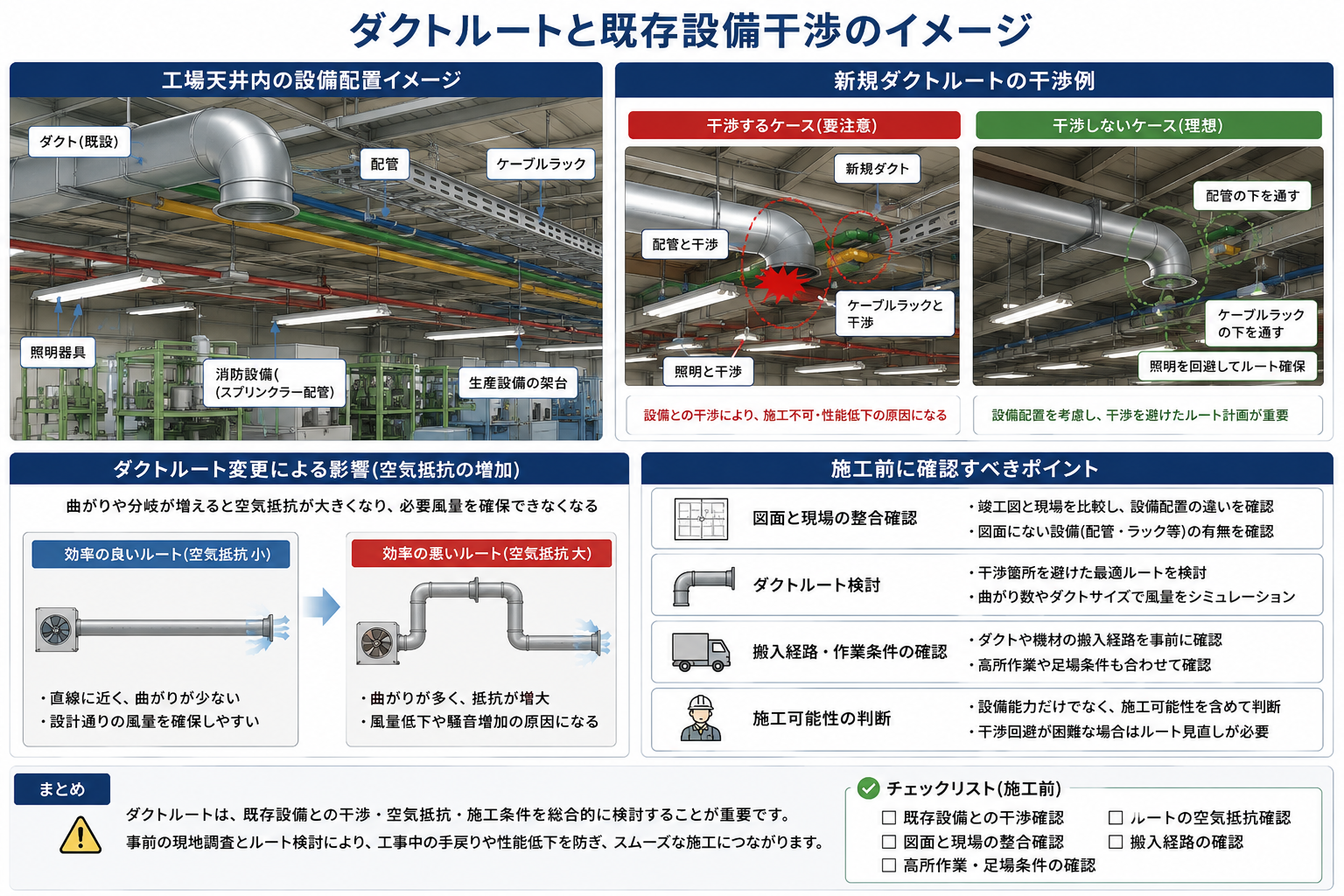 図：ダクトルートと既存設備干渉のイメージ